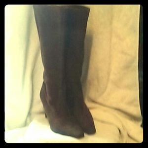 Brown fabric knee high boots
